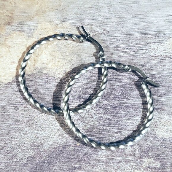 Silver Surgical Stainless Steel Round Twisted 35mm Minimalist Hoop Earrings - Picture 2 of 9